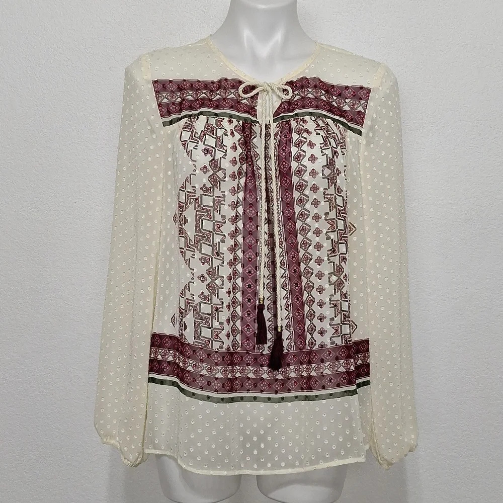 Signature Studio Cream Swiss Dot Burgundy Boho Peasant Balloon Sleeve Blouse *M